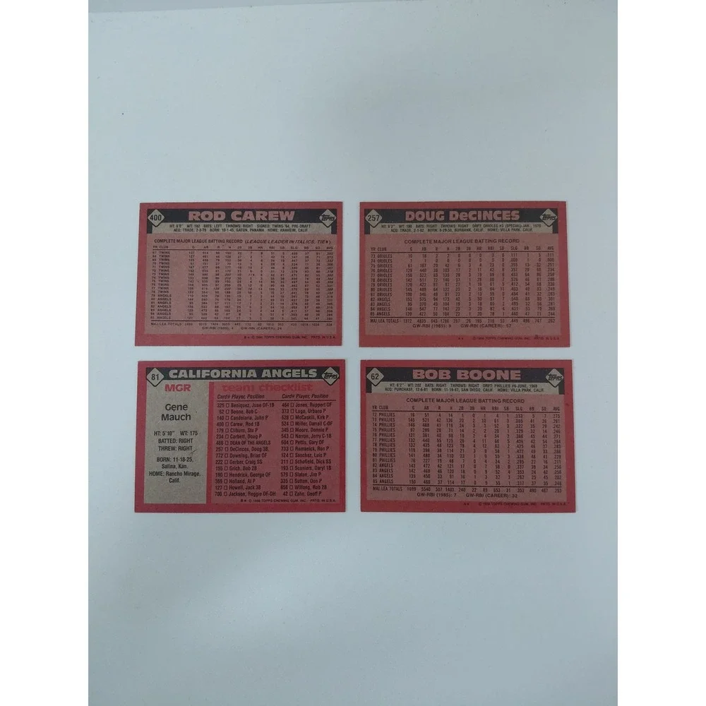 1986 Topps Baseball California Angels Card Lot Rod Carew Doug DeCinces Bob Boone